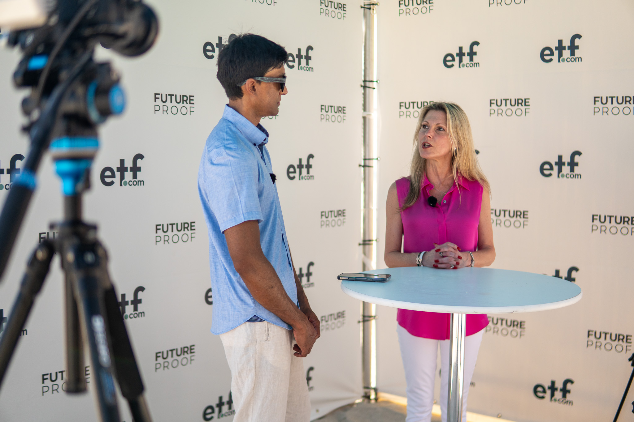 Sumit Roy talks with Kristie Feinberg in front of an ETF.com Future Proof backdrop.