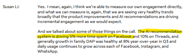 Screenshot of a text from the Meta earnings follow up call. Highlighted are the words “The AI recommendation system is driving 5% more time spent on Facebook"