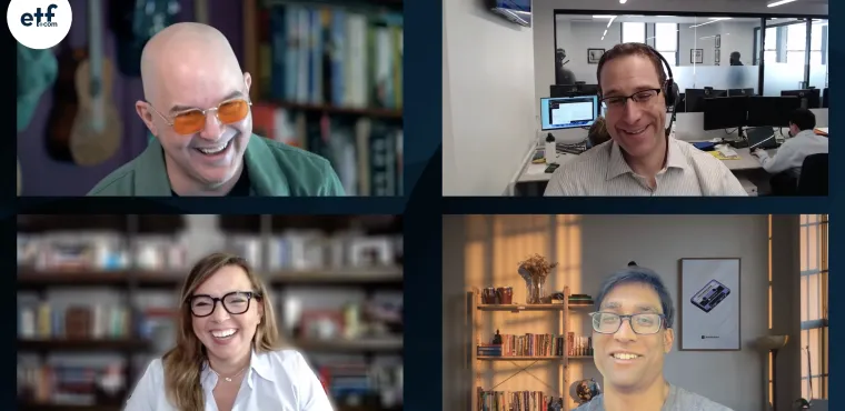 Dave Nadig, Cinthia Murphy, Todd Sohn, and Sumit Roy laugh together