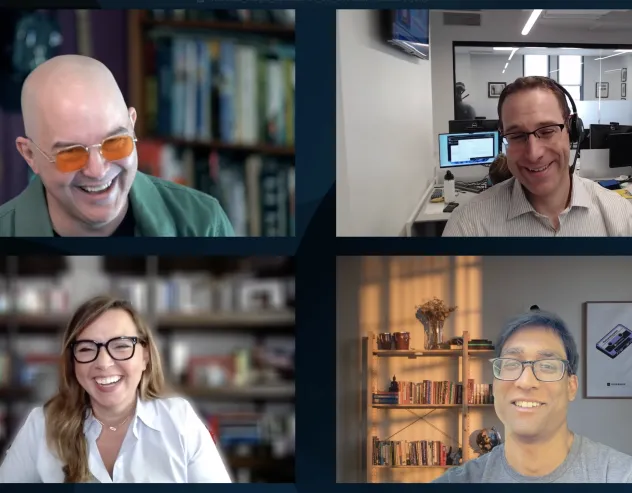 Dave Nadig, Cinthia Murphy, Todd Sohn, and Sumit Roy laugh together
