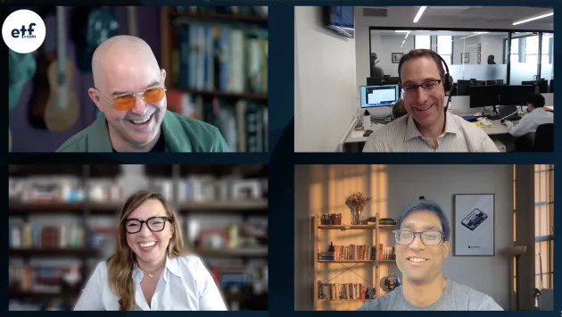 Dave Nadig, Cinthia Murphy, Todd Sohn, and Sumit Roy laugh together