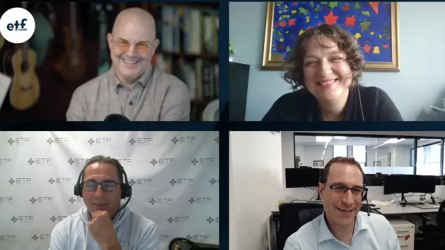 Dave Nadig, Lara Crigger, Mike Akins, and Todd Sohn all share a laugh