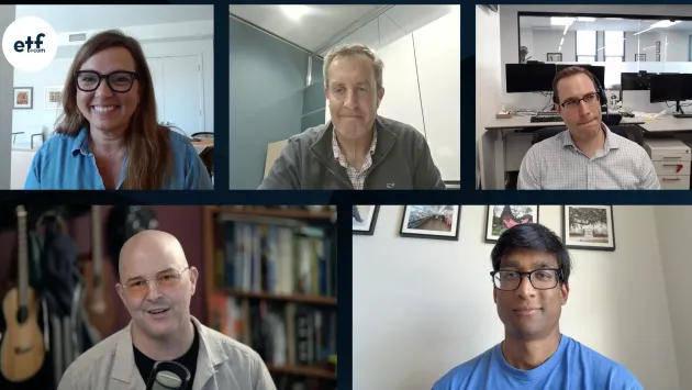 Cinthia Murphy, Jeff Ptak, Dave Nadig, Sumit Roy, and Todd Sohn smile while talking on ETF Zoo