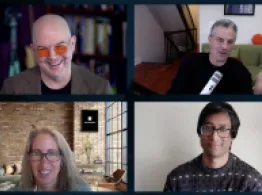 ETF Zoo panelists Eric Balchunas, Elisabeth Kashner, Sumit Roy, and Dave Nadig share a laugh