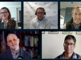 Cinthia Murphy, Mike Akins, Jeffrey Ptak, Dave Nadig, and Sumit Roy all smile
