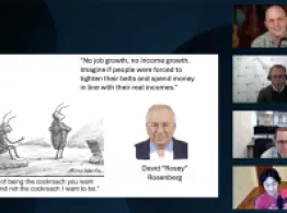 A slide with a cockroach comic that says “I’m tired of being the cockroach you want me to be and not the cockroach I want to be." alongside quote from David Rosenberg “No job growth, no income growth. Imagine if people were forced to tighten their belts and spend money in line with their real incomes" as Dave Nadig, Mike Akins, Todd Sohn, and Tony Dong discuss