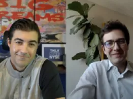 Behind the Ticker: NASA, SpaceX, and Tema ETFs Brad Roth and Yuri Khodjamirian smile while talking