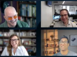 Dave Nadig, Cinthia Murphy, Todd Sohn, and Sumit Roy laugh together