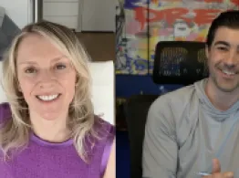 Sylvia Jablonski and Brad Roth laugh while talking