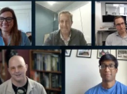 ETF Zoo: Mid-Year Check-In & the AI Trade That Won’t Quit Cinthia Murphy, Jeff Ptak, Dave Nadig, Sumit Roy, and Todd Sohn smile while talking on ETF Zoo